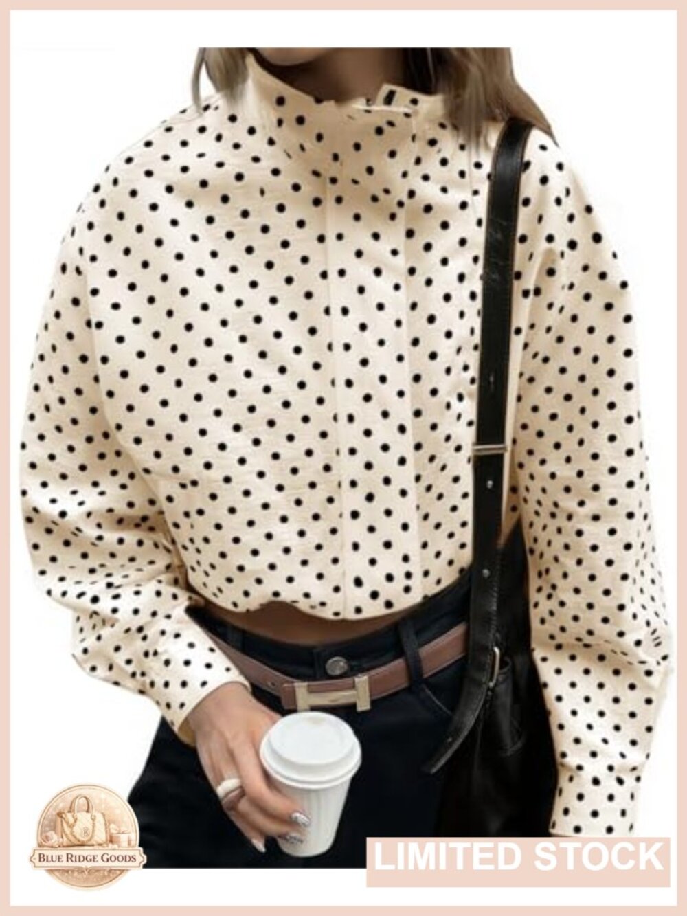 Polka Dot Zip Up Cropped Oversized Casual Jacket Long Sleeve